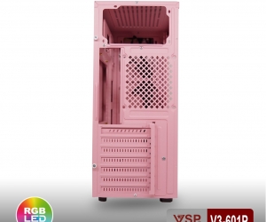 Case VSP V3-601P Pink (370x196x432mm, Dãy LED RGB, Hông trong suốt, Fan đuôi 1x120mm ko kèm, Fan trước 2x120mm ko kèm, 1xUSB3.0, 1xUSB2.0, 2xHDD, 2xSSD, Nguồn trên dây dài)(THAY THẾ CHO 603P Pink) 